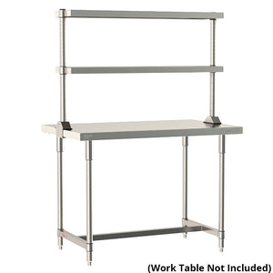 Metro TableWorx center-mount stainless steel riser system featuring two adjustable cantilevered solid shelves on work table; table not included.