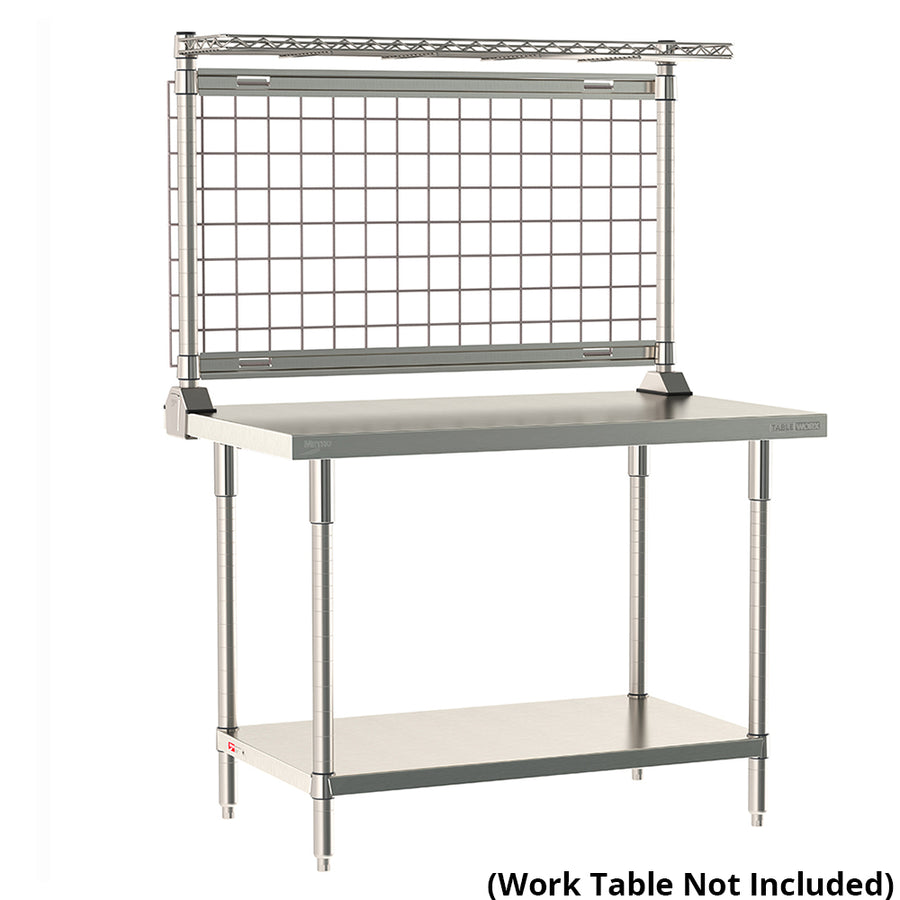 Metro TableWorx rear-mounting riser system including a cantilevered stainless steel wire shelf with 1-inch high ledge and gray epoxy-coated steel wire grid on work table; table not included.