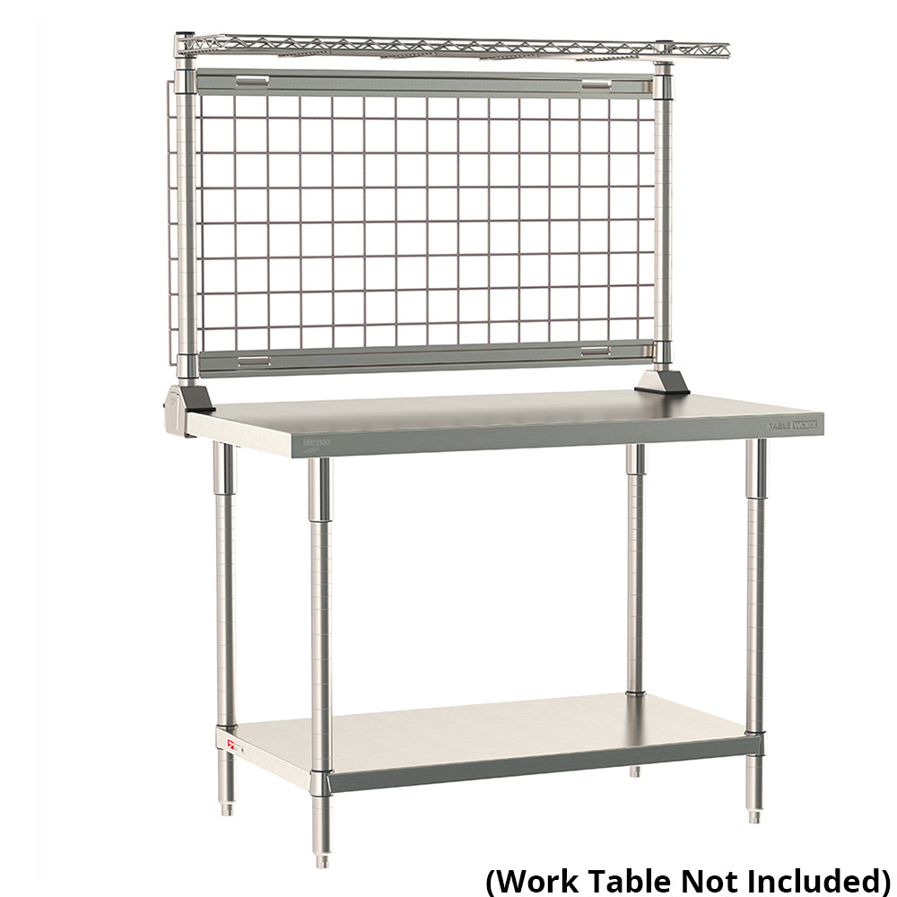 Metro TableWorx rear-mounting riser system including a cantilevered stainless steel wire shelf with 1-inch high ledge and gray epoxy-coated steel wire grid on work table; table not included.