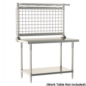 Metro TableWorx rear-mounting riser system including a cantilevered stainless steel wire shelf with 1-inch high ledge and gray epoxy-coated steel wire grid on work table; table not included.