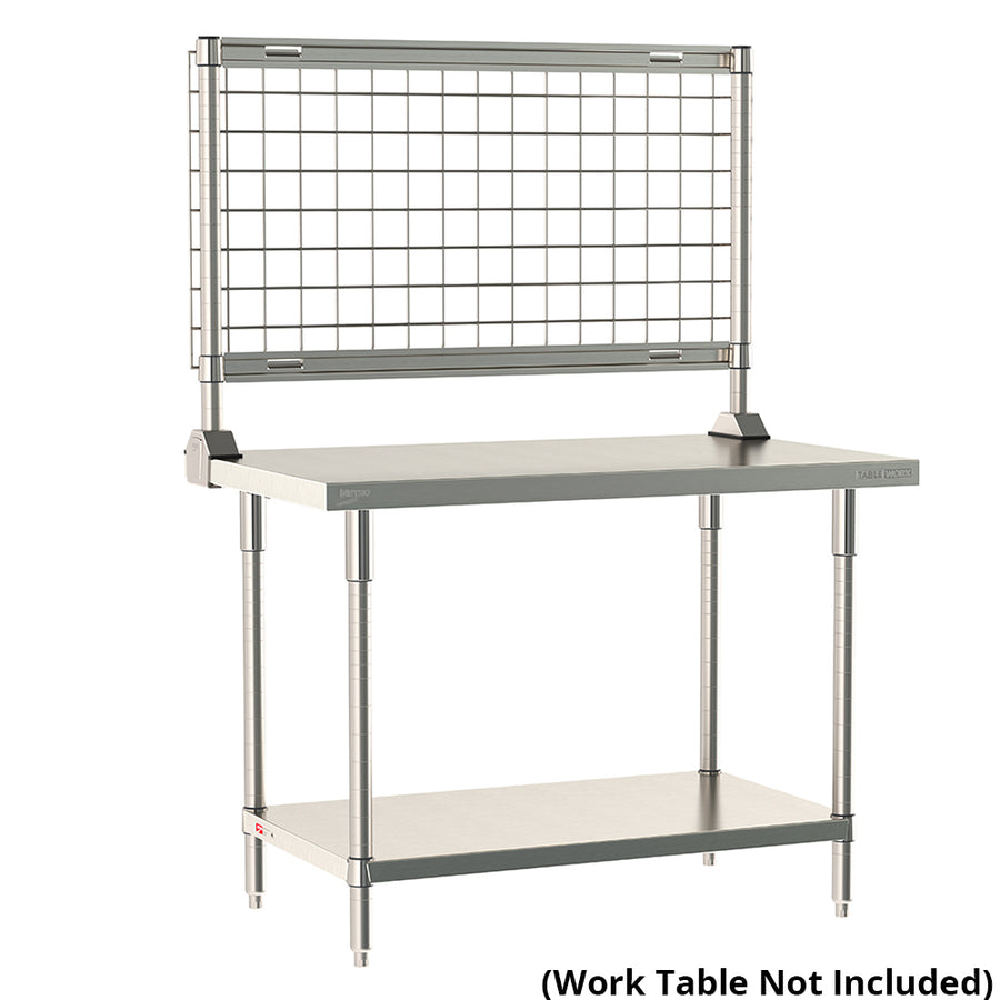 Metro TableWorx stainless steel riser system featuring a wire grid on work table; table not included.