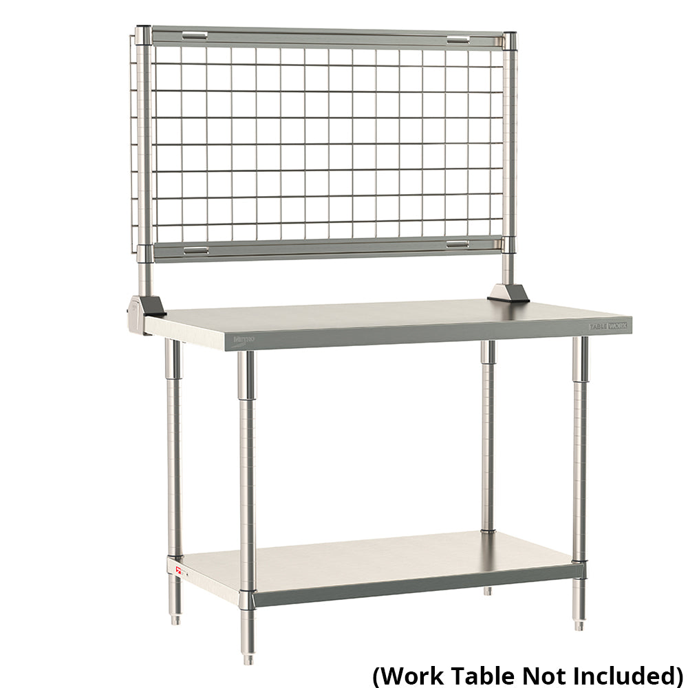 Metro TableWorx stainless steel riser system featuring a wire grid on work table; table not included.