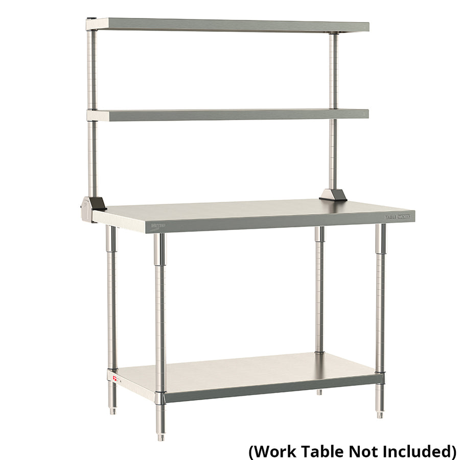 Metro TableWorx rear-mount stainless steel riser system featuring two adjustable cantilevered solid shelves on work table; table not included.