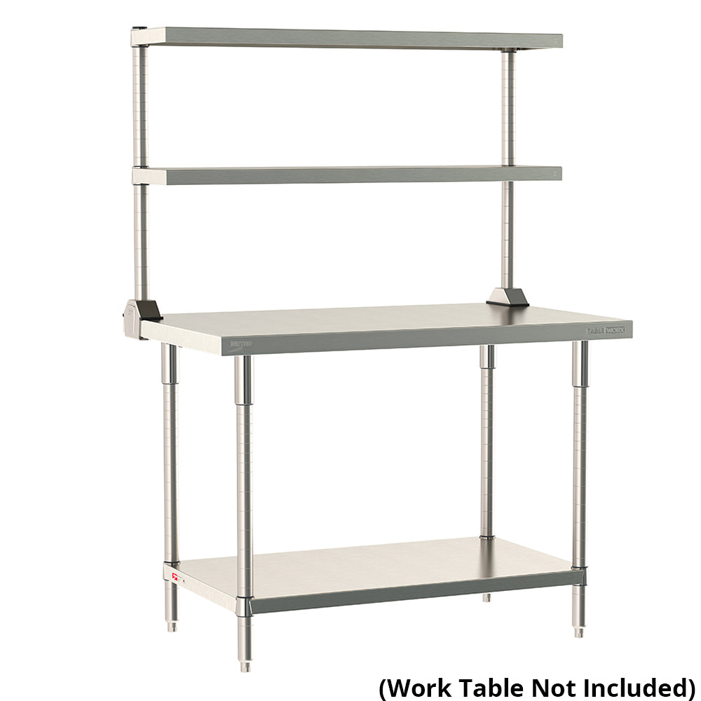 Metro TableWorx rear-mount stainless steel riser system featuring two adjustable cantilevered solid shelves on work table; table not included.