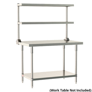 Metro TableWorx rear-mount stainless steel riser system featuring two adjustable cantilevered solid shelves on work table; table not included.