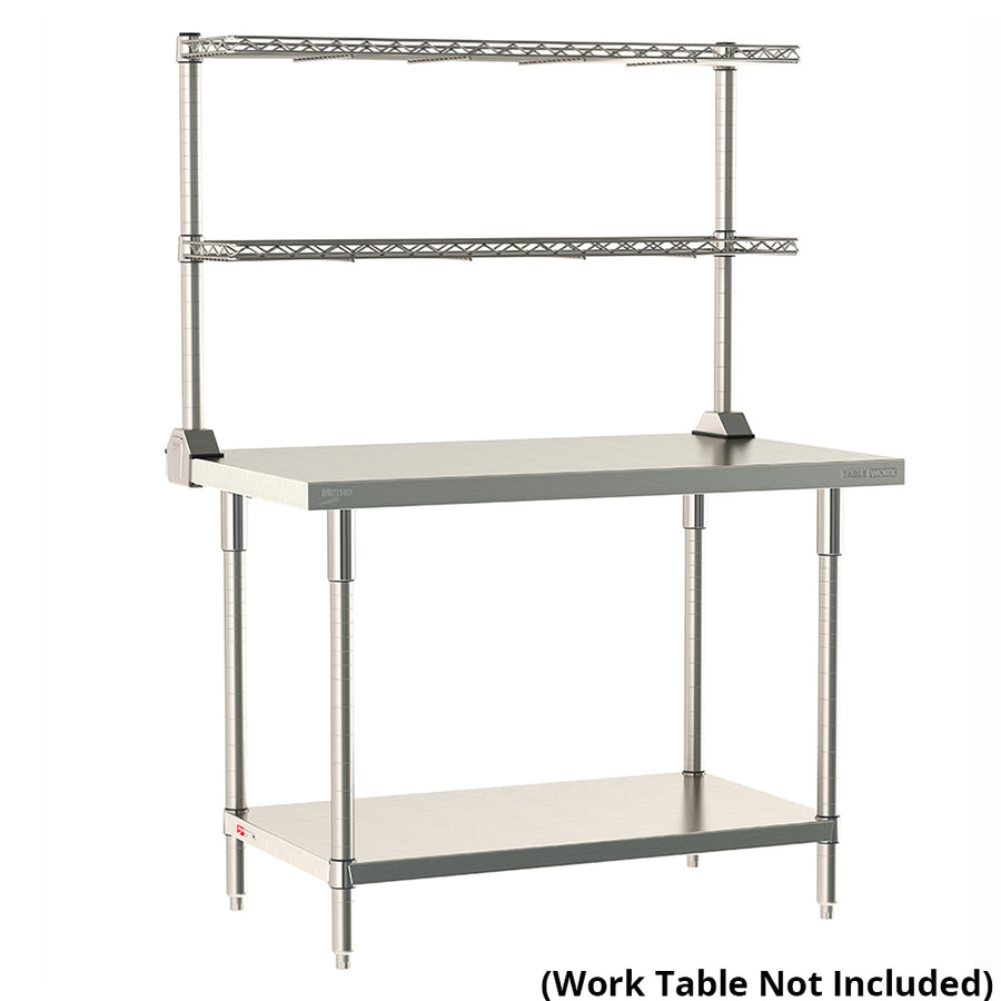 Metro TableWorx rear-mount stainless steel riser system including two adjustable cantilevered wire shelves with 1-inch high ledge on work table; table not included.