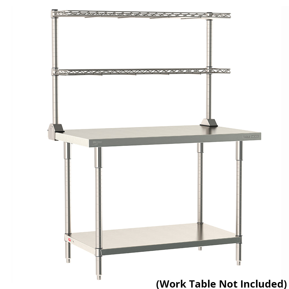 Metro TableWorx rear-mount stainless steel riser system including two adjustable cantilevered wire shelves with 1-inch high ledge on work table; table not included.