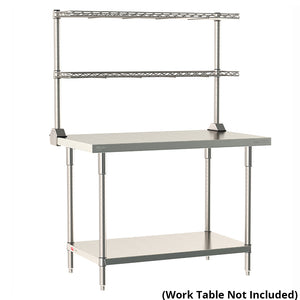 Metro TableWorx rear-mount stainless steel riser system including two adjustable cantilevered wire shelves with 1-inch high ledge on work table; table not included.