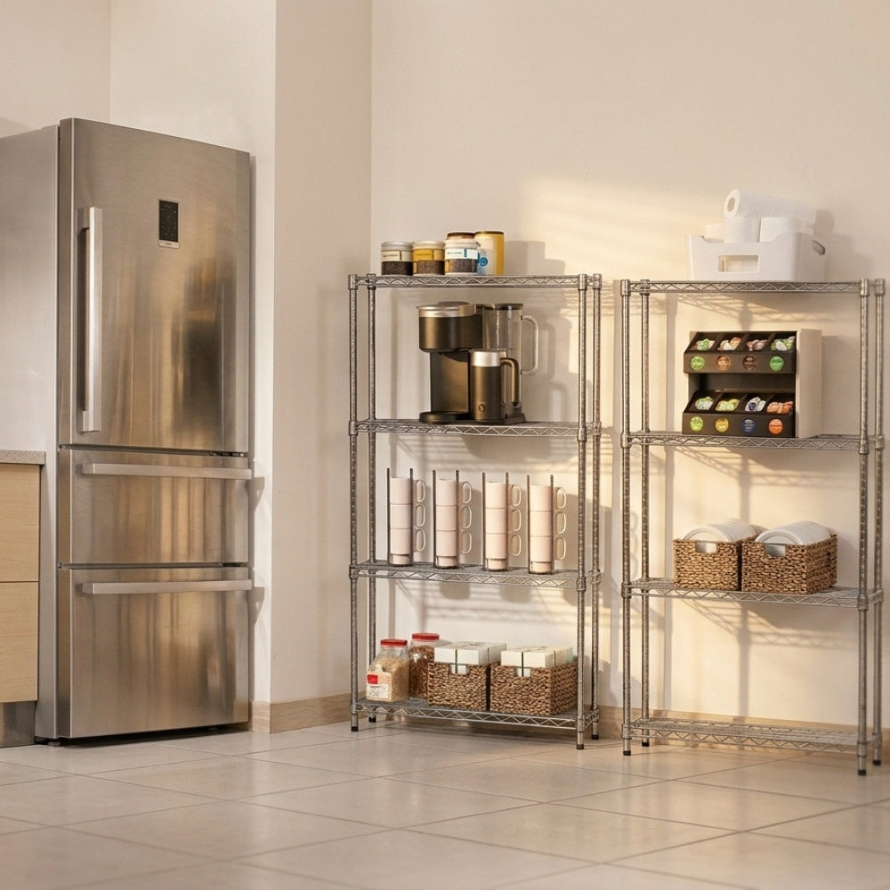 2 4-Tier Wire Shelving Units in Kitchen