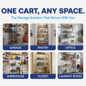 A promotional collage for a rolling metal storage cart, with the headline 'ONE CART, ANY SPACE.' at the top.