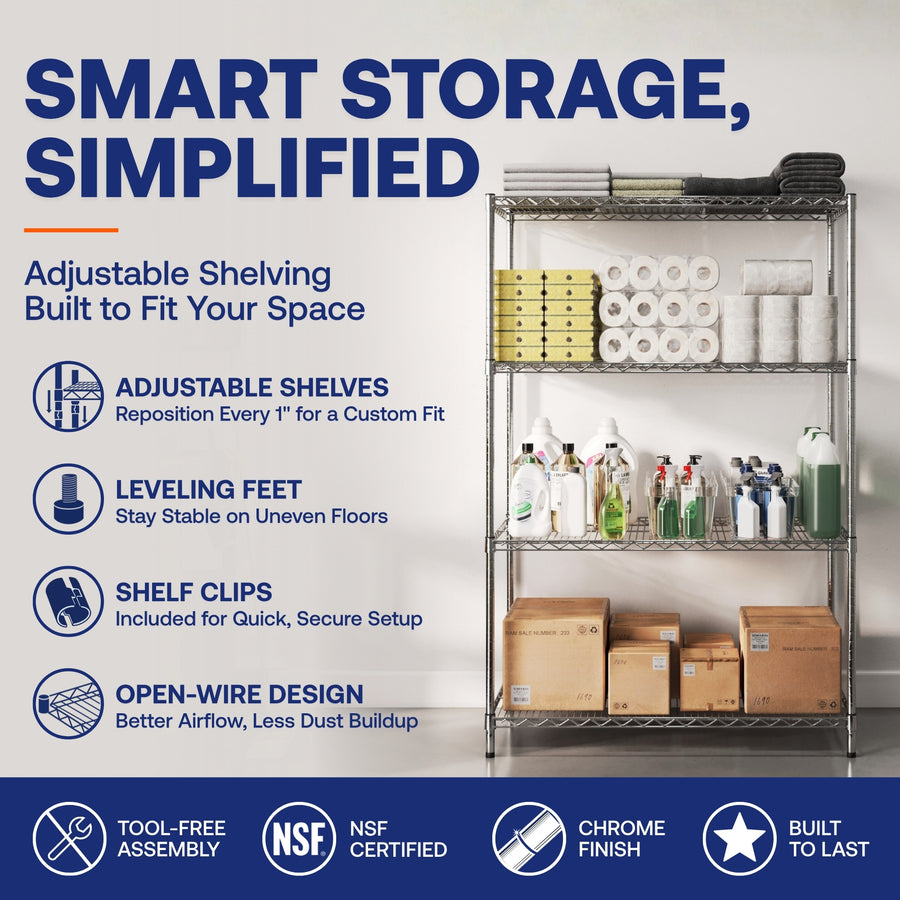10"d x 36"w Chrome Wire Shelving w/ 5 Shelves