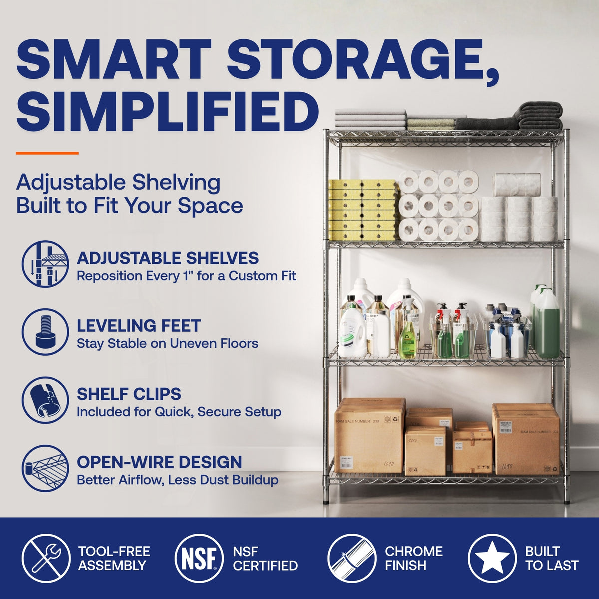 10"d x 36"w Chrome Wire Shelving w/ 5 Shelves