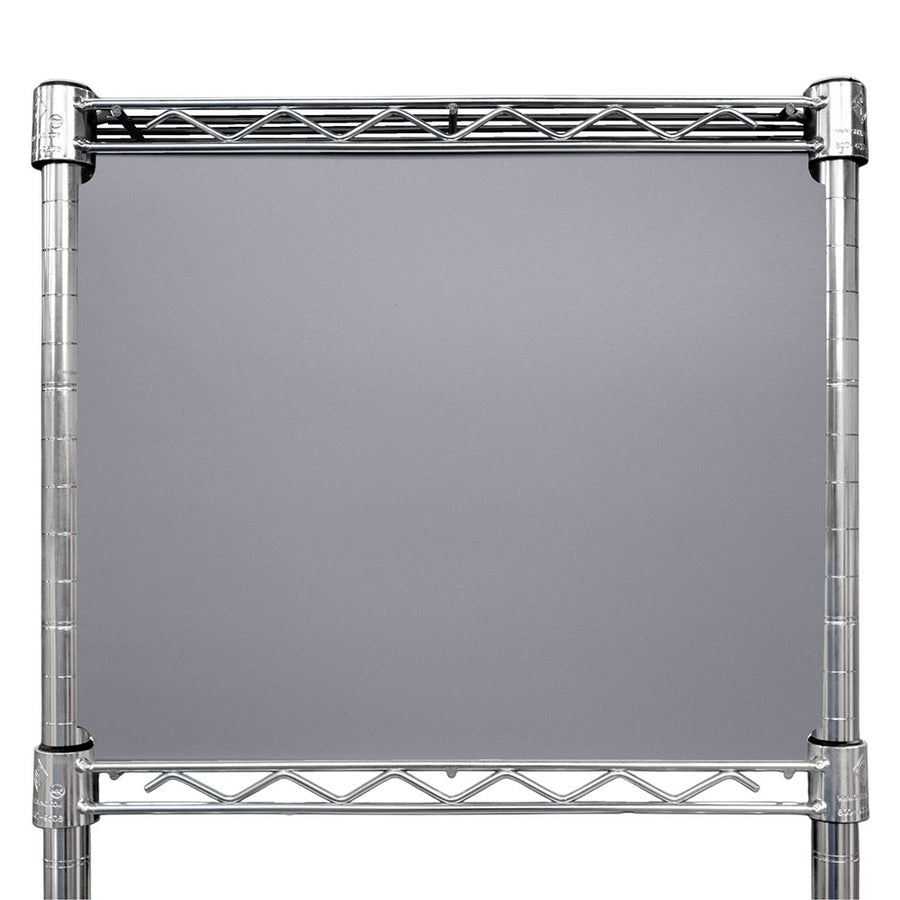 Gray panel on chrome rack with small hanger at top