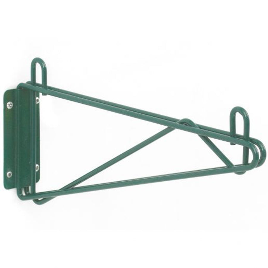 Green epoxy-coated wall mount bracket for wire shelving, rust-resistant antimicrobial Metroseal style shelf support, NSF-certified cold-storage wall shelving hardware - Stocked in Michigan